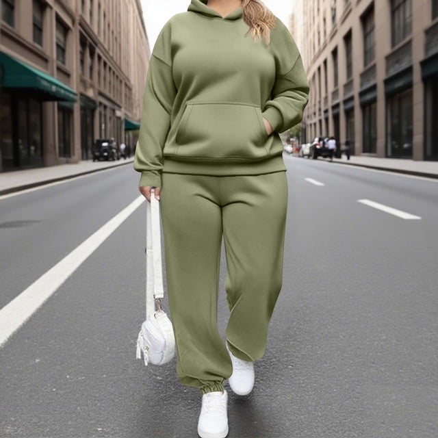 Ensemble de Mode pour Femmes Grande Taille Col Rond Manches Longues Chandail à Capuche Chandail en Molleton Poche Pantalon de Survêtement Décontracté