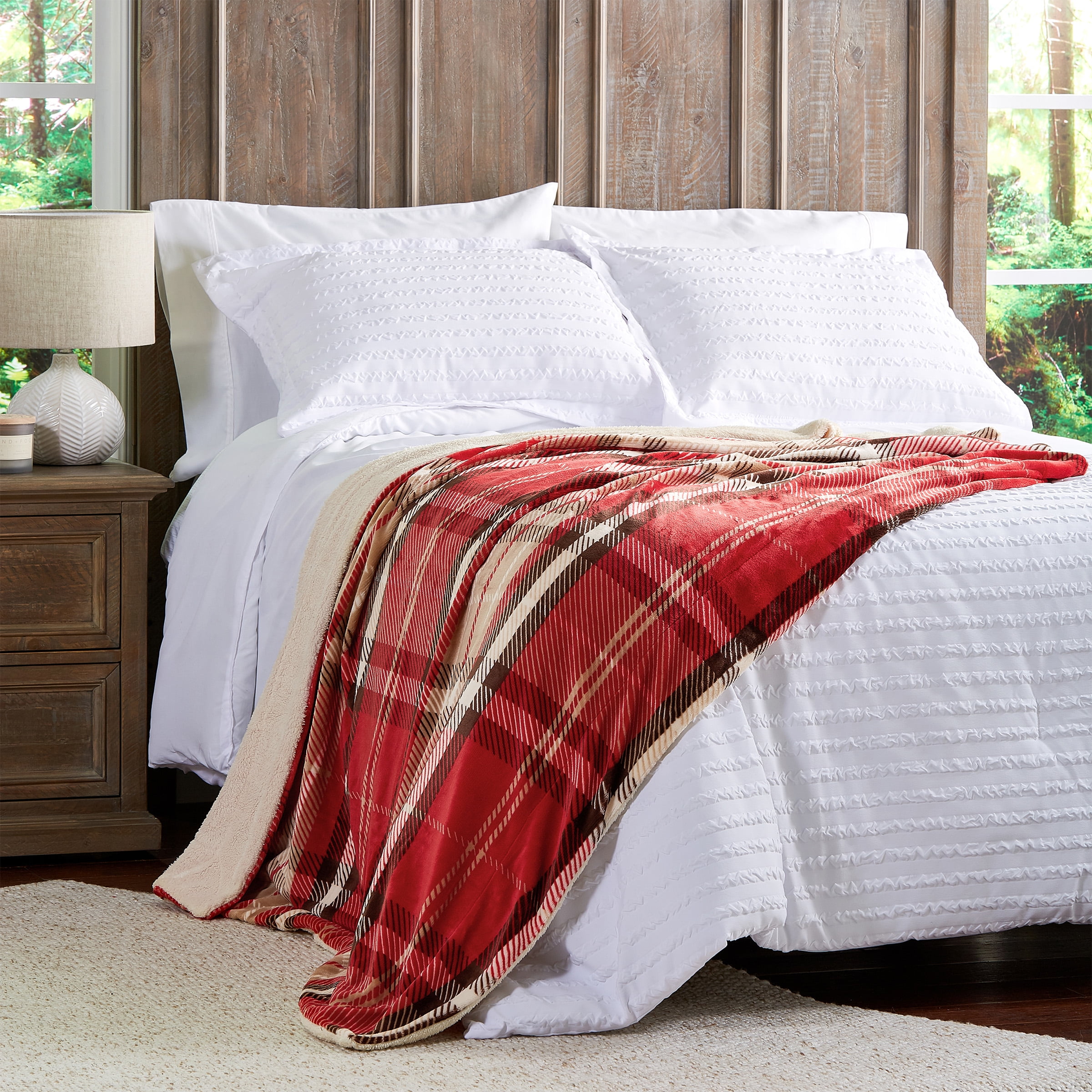Somerset Home Poly Fleece Sherpa Sofa Throw Blanket for Adult (Red/Tan Plaid)