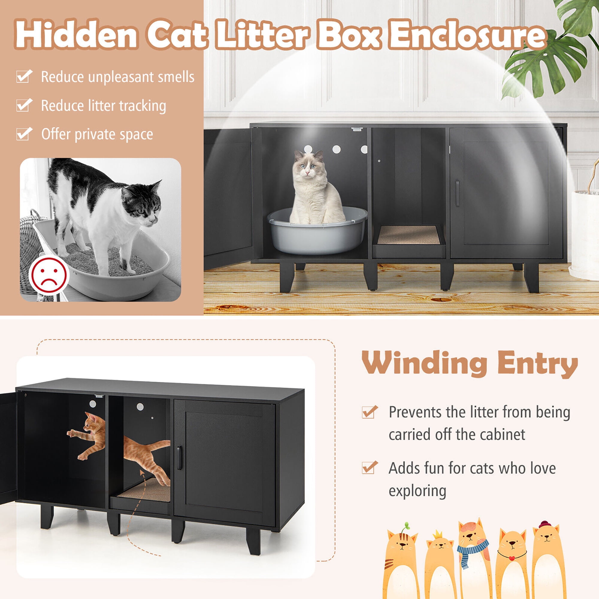 Gymax Cat Litter Box Enclosure TV Stand Cabinet Hidden Cat House Washroom W/ 2 Doors Patented
