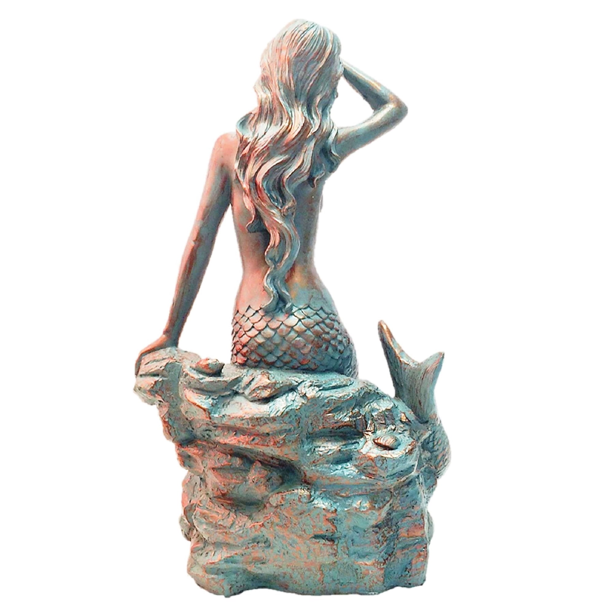 Homestyles 30 in. Giant Classic Mermaid Sitting on Coastal Ocean Rock Looking Out to Sea in Bronze Patina Finish Beach Nautical Garden Statue