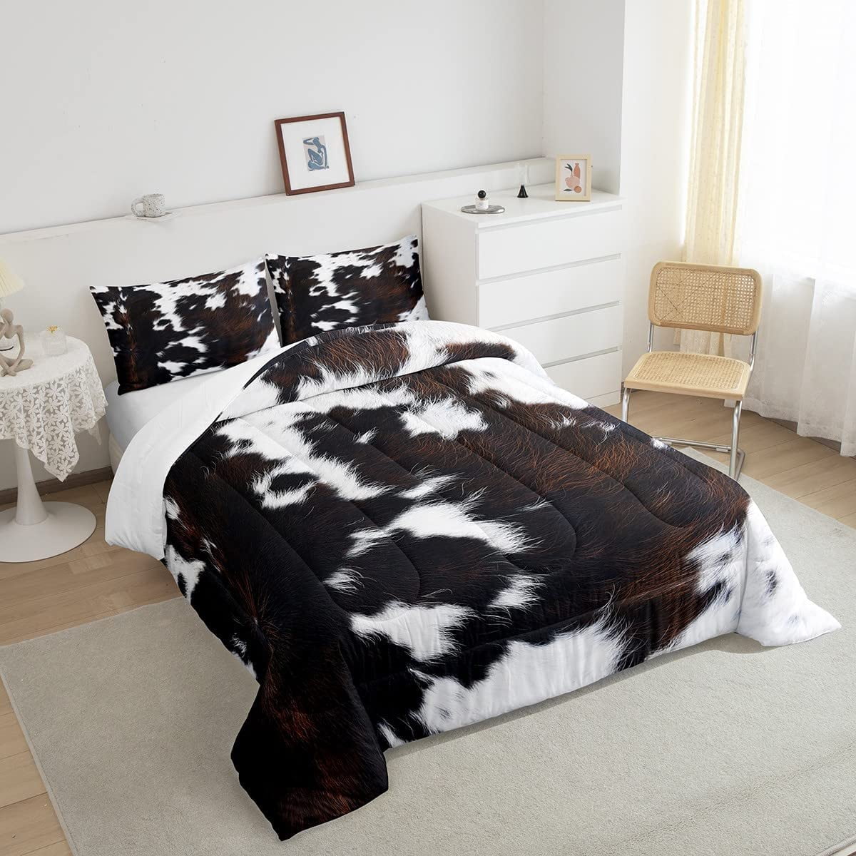 Brown Cowhide Comforter Set King,Black White Aztec Cow Print Bedding Set Western Farmhouse Animal Down Comforter for Kids Boys Girls,Rustic Cowboy Quilt Duvet Set 2 Pillow Cases Bedroom Decor