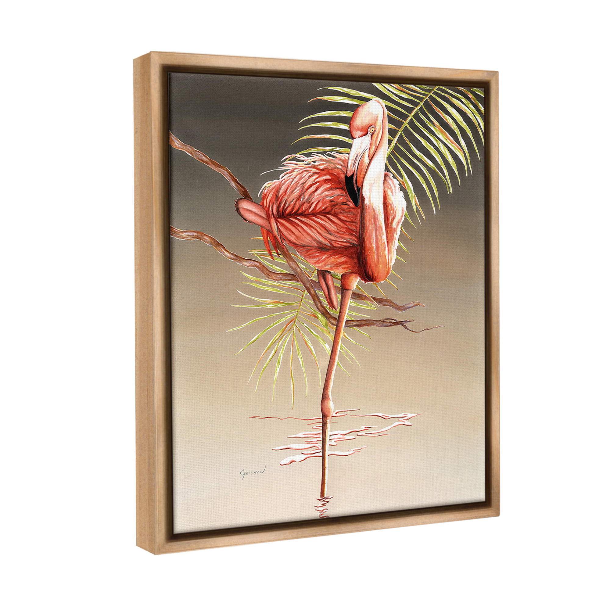 Stupell Industries Flamingo Balancing with Leaf Animals & Insects Painting Brown Floater Framed Canvas Art Print Wall Art, 17 x 21