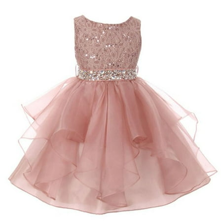 Little Girls Blush Pink Lace Crystal Tulle Ruffle Flower Girl Dress