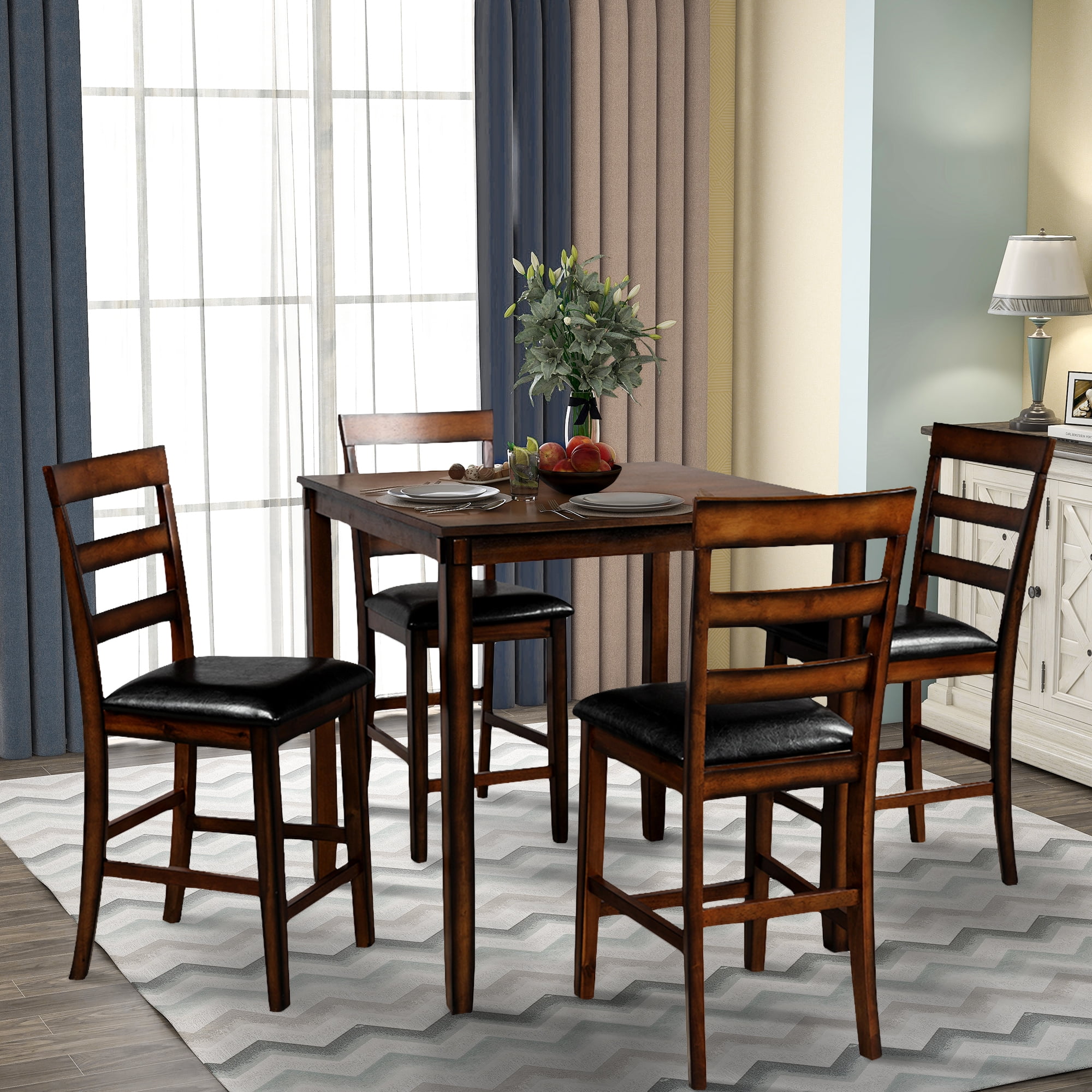 Square Counter Height Wooden Kitchen Dining Set, Dining Room Set with Table and 4 Chairs (Brown