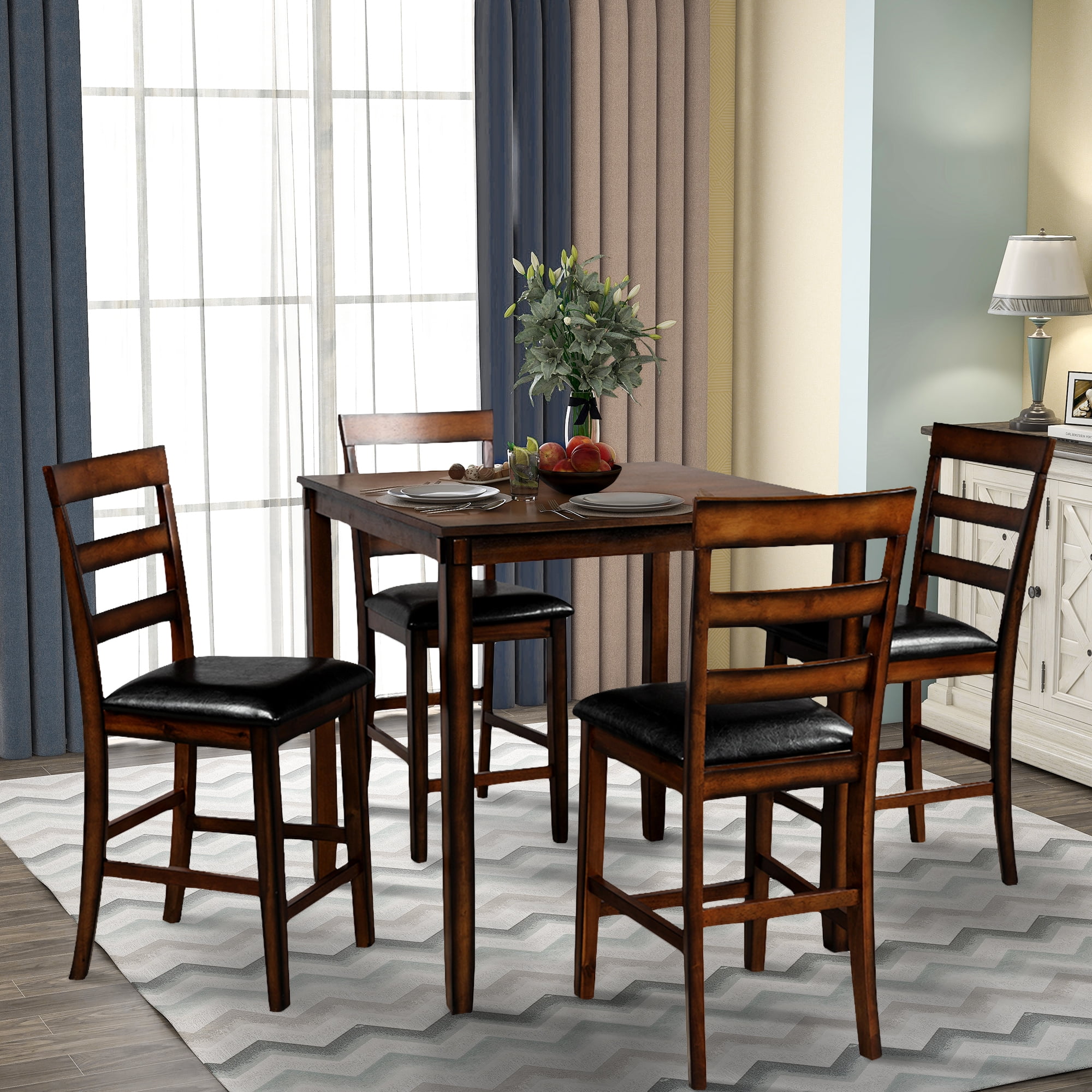 Square Counter Height Wooden Kitchen Dining Set, Dining Room Set with Table and 4 Chairs (Brown ...