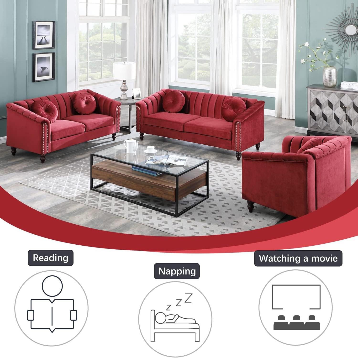 Gewnee Chesterfield Velvet Sofa Couch with Nailhead Trim and 2 Pillows for Living Room,Red