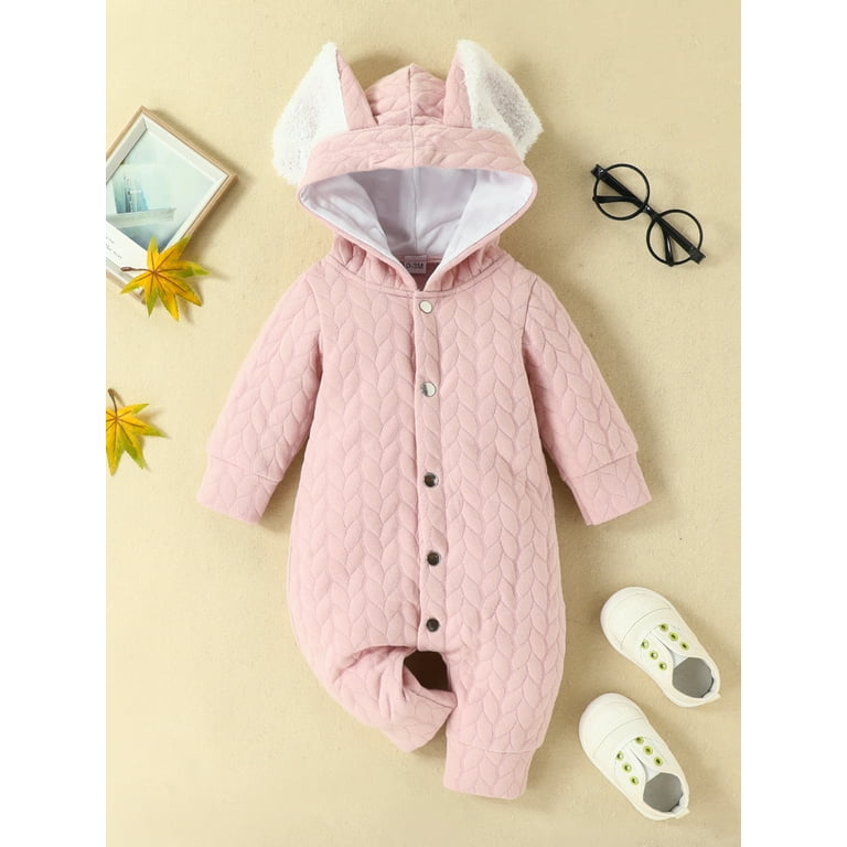Newborn Infant Baby Boys Girls Snowsuit Winter Warm Jumpsuit Long Sleeve Ears Hooded Button Romper Outwear