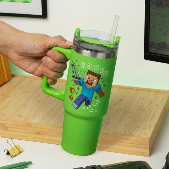 Minecraft Steve & Creeper 30 oz Green Insulated Cup and Straw, Officially Licensed Tumbler Travel Cup with Handle for Iced Tea or Coffee, Gaming Merchandise - Paladone