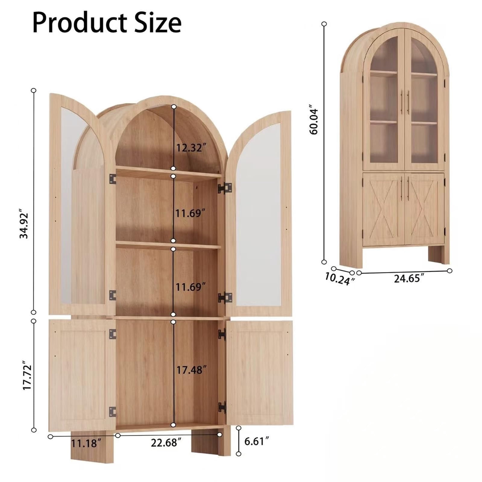 Accreate 60" Arched Display Cabinet with Fluted Details, Boho Glass Door Bookshelf, 5-Tier Tall Wood Pantry Cabinet, Arched Hutch Storage Cabinet for Entryway, Kitchen, Living Room