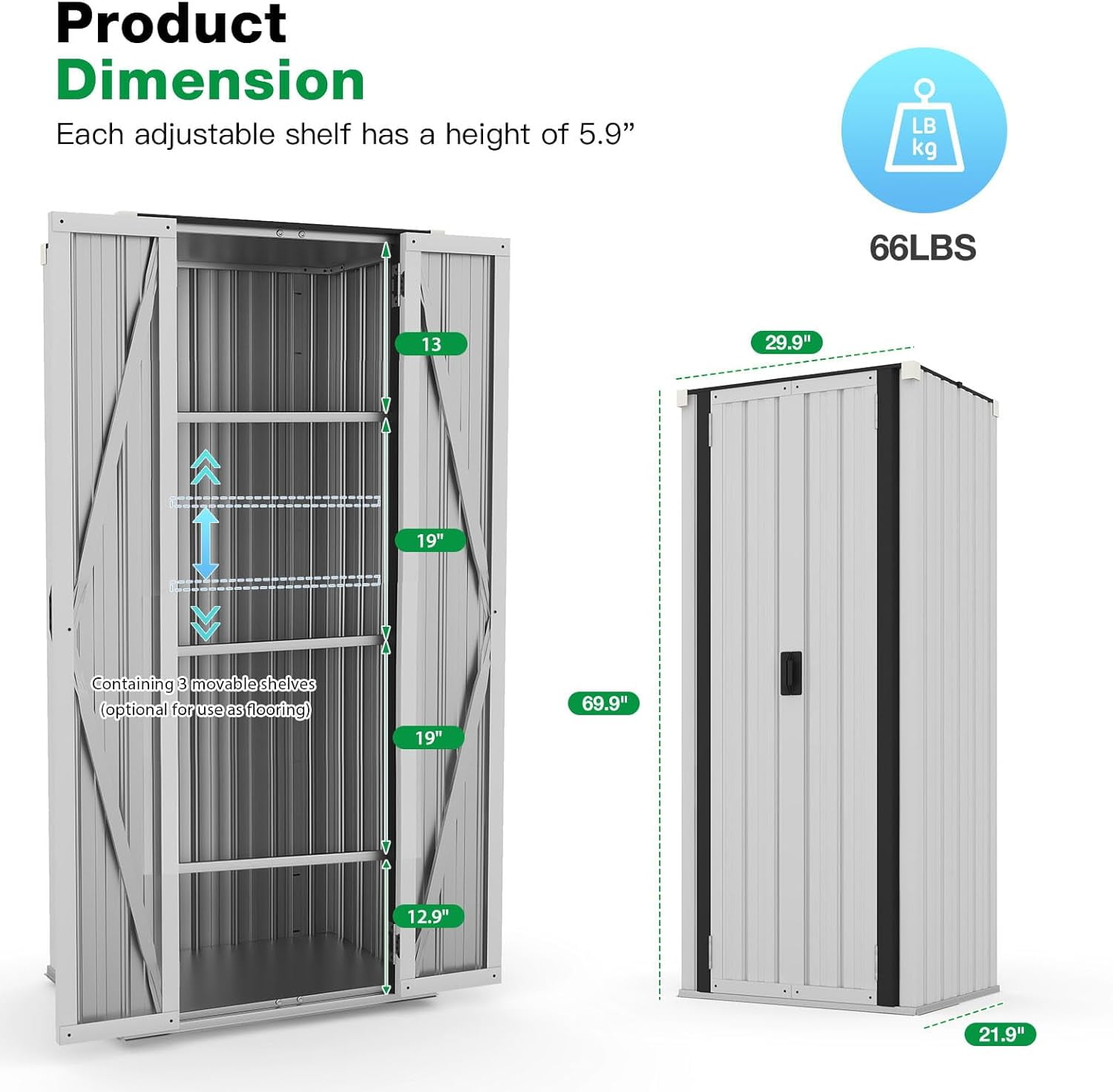 YODOLLA Outdoor Metal Storage Cabinet with Locking Doors and Adjustable Shelves for Home, Office,Garden(White)