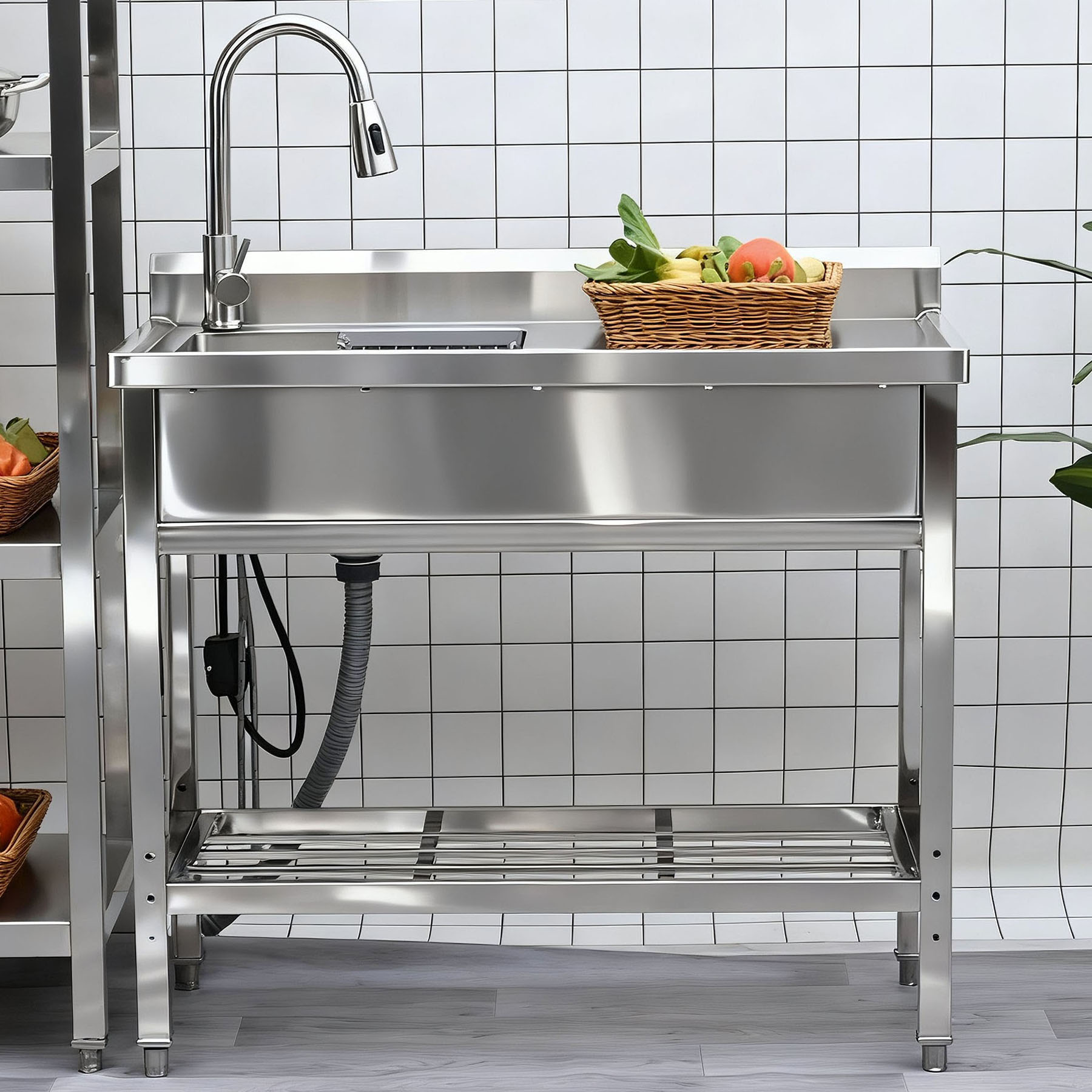 S-HOME Stainless Steel Freestanding Utility Sink in Silver with Pull-Out Faucet and Large Compartment  for Outdoor or Indoor Use