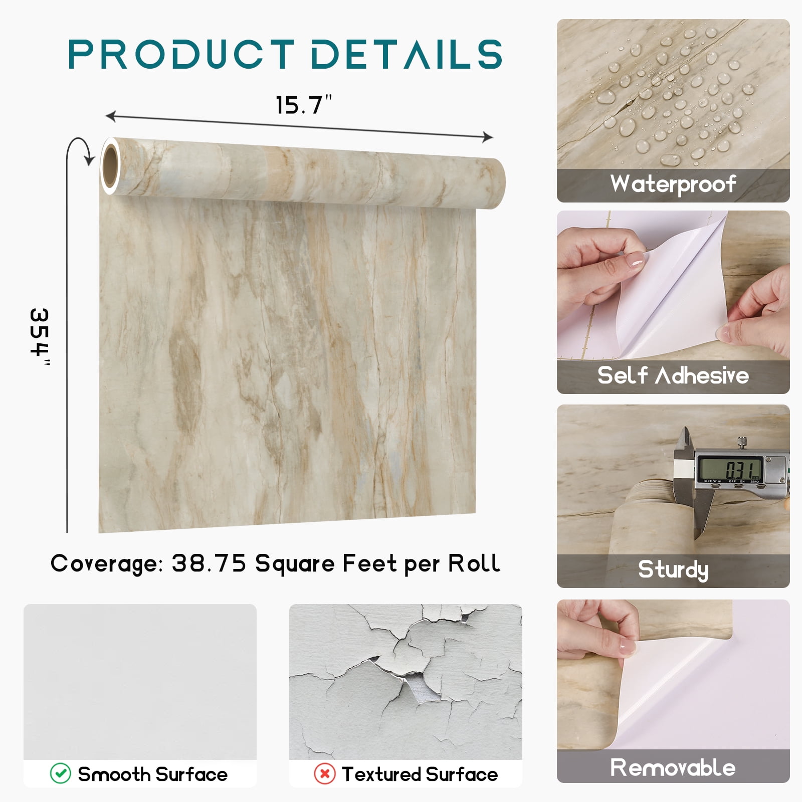 VEELIKE Slate Beige Marble Contact Paper for Countertops Peel and Stick Waterproof Onyx Marble Wallpaper 15.7''x354'' Self Adhesive Countertop Contact Paper for Kitchen Bathroom Counters Table Desk
