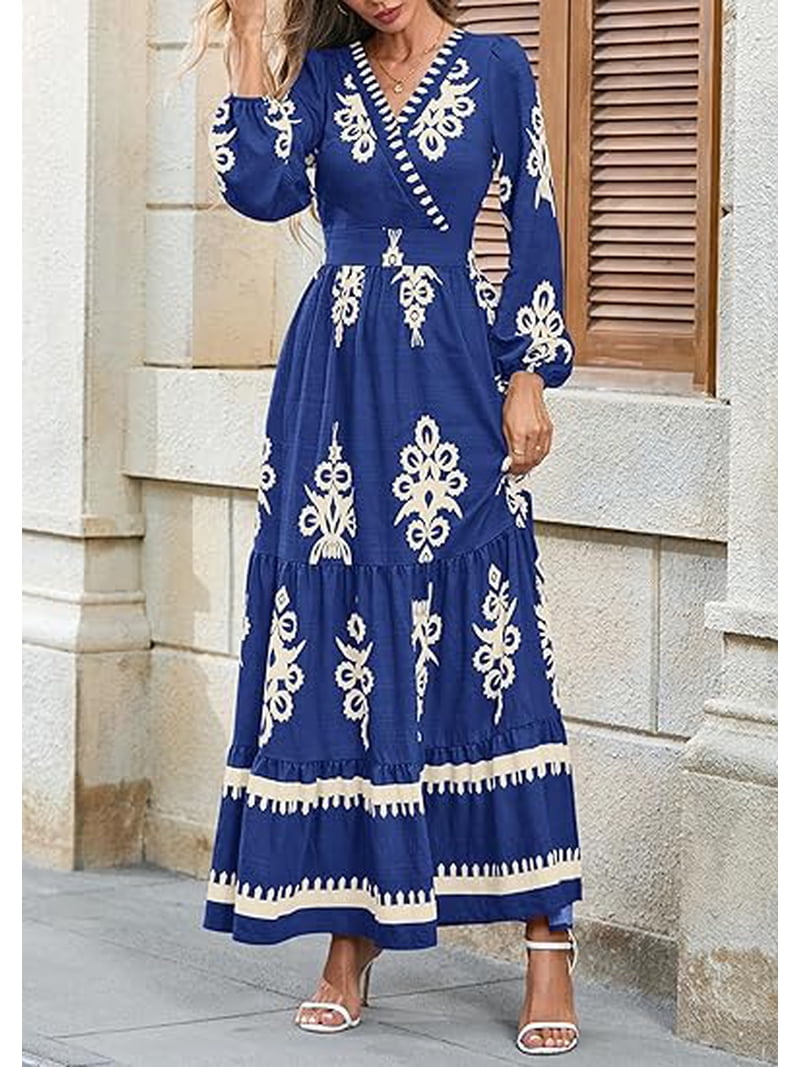 Prettygarden Women's Fall Wedding Guest Dresses Boho Floral Long Sleeve V Neck Flowy Elegant Maxi Dress Beach Clothes, Size: Medium, Blue