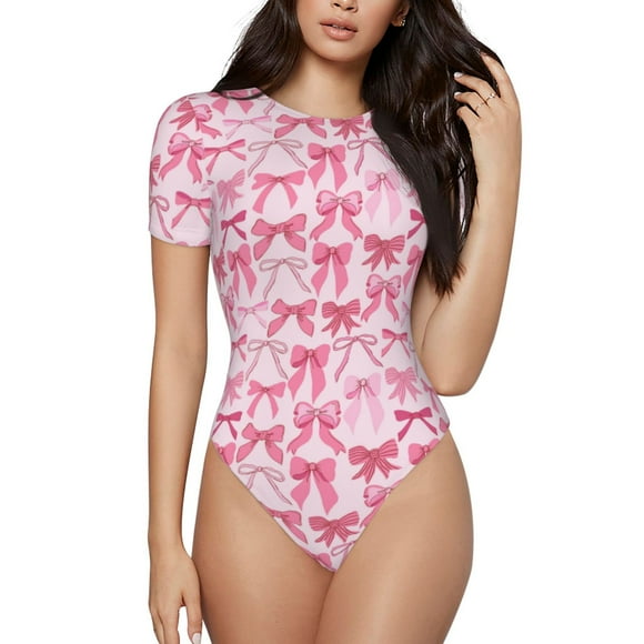 Saiise Pink bows Pattern Women's Short-Sleeved Onesie Round Neck Pajamas Stretchy Bodysuit with Snap Closure-Large