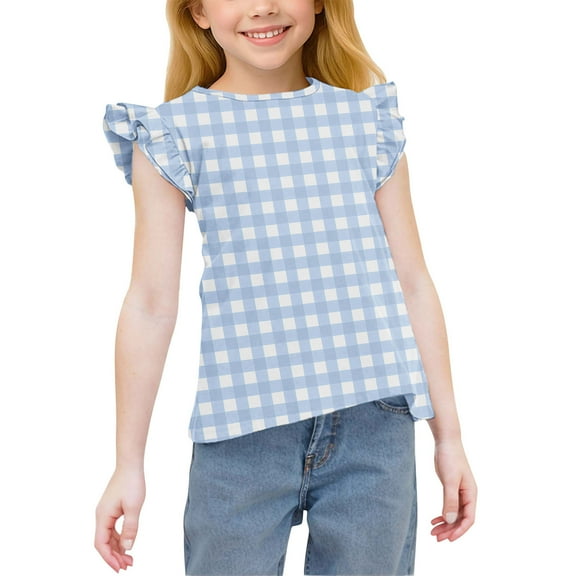 Spazoro Toddler Girls T-shirts, Crewneck Summer Plaid Casual Short Sleeve Tops Tee Light Blue Size 3 T