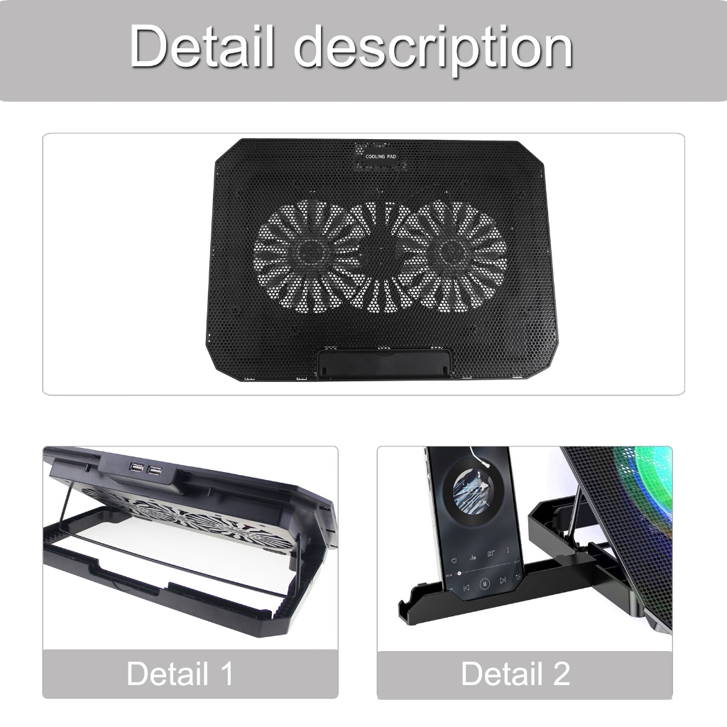 MOMOJIA Adjustable Laptop Cooling Pad Double Fan Integrated Phone Holder Lightweighted