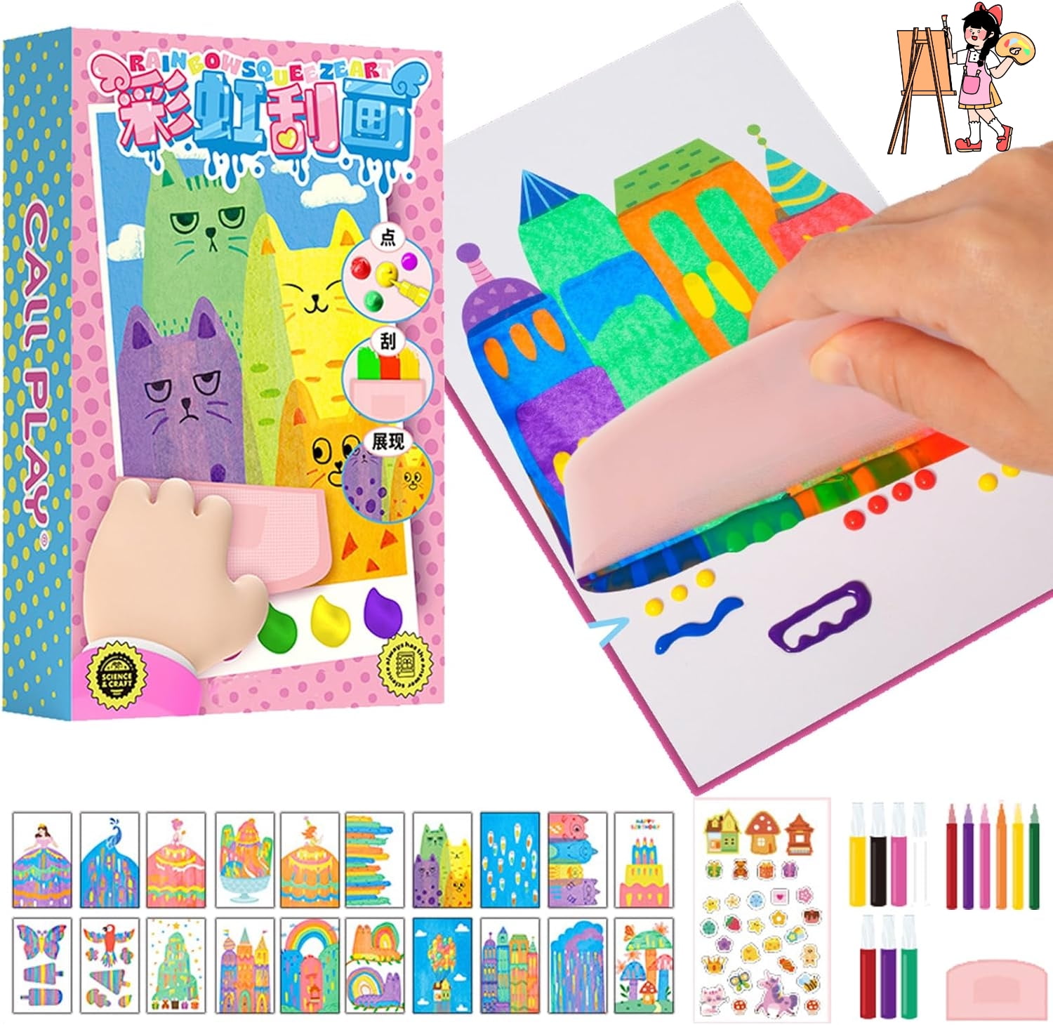Squeegee Art Kids Paint Kit, 35 Pieces DIY Rainbow Scratch Art, Rainbow Dot Painting Art Kits, Children Painting Crafts Creativity Set (3 Set)