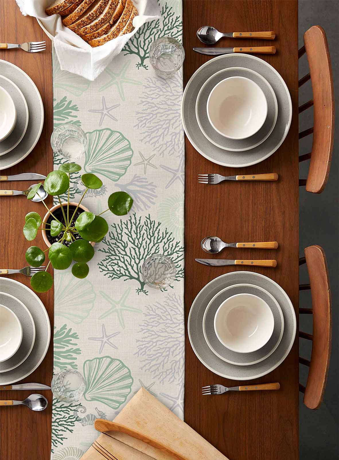 Sage Green Ocean Table Runner 108 Inches, Coastal Grey Coral Starfish Shell Bed Runner Dresser Scarves Tabletop for Indoor Outdoor Parties/Ceremony/Banquet, 13"x 108"