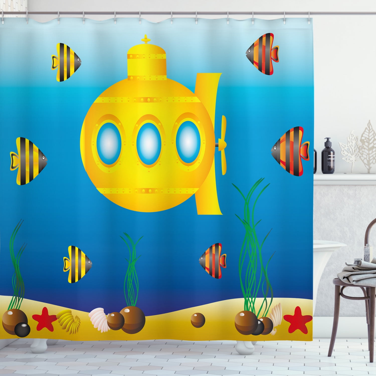 Yellow Submarine Decor Shower Curtain, Nautical Theme a Submarine