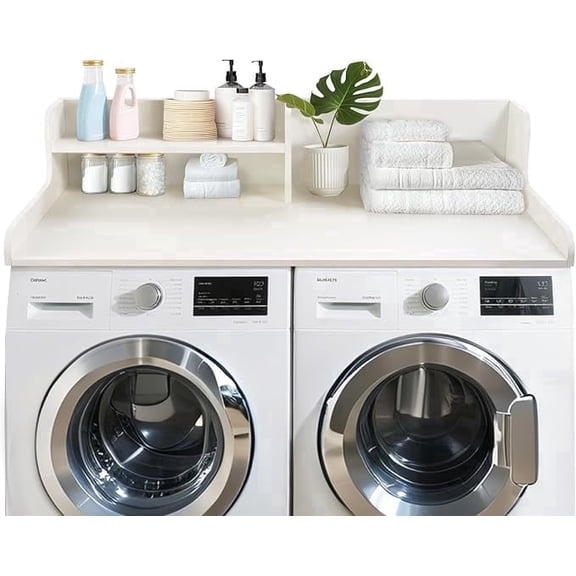Kaboon 2-Tier Washer Dryer Countertop 58" W x 28" D x 12" H", Laundry Shelf Organizer, White