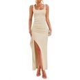 thumbnail image 3 of Laqbezok Women's Ribbed Square Neck Maxi Dress, Sleeveless Side Ruched Bodycon Gown, Casual Slim Fit Dress with High Slit for Summer Party Vacation, 3 of 5