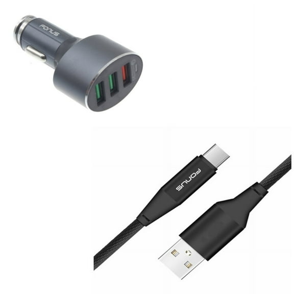 Charger Cord Type-C 10ft USB Cable w 3-Port USB 42W Quick Car Charger G1A for Acer Liquid Jade Primo - Alcatel PulseMix, 7, Idol 5S 5 4S, 3V (2019) - ASUS Zenfone V Live, ROG Phone 2, AR 6 5z