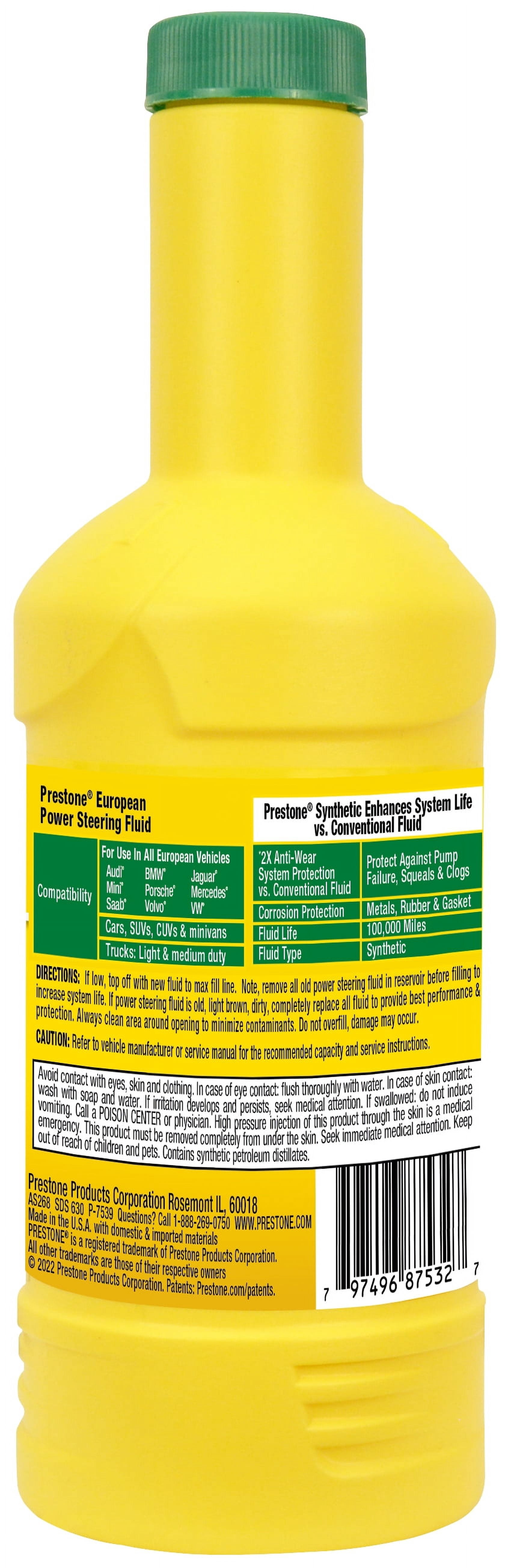 Prestone European Veh Power Steering Fl-12 fl oz.-Synthetic, 2X anti-wear, 100k Mi
