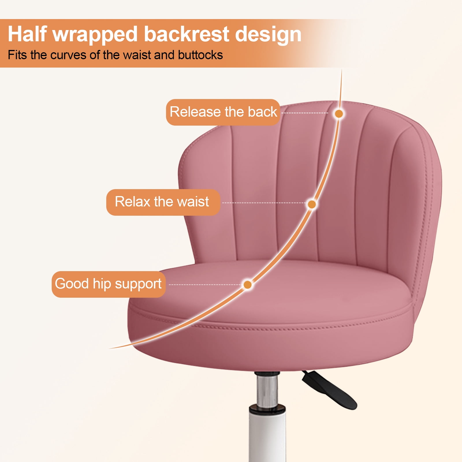 Small Round Rolling Chair with Back PU Leather Height Adjustable，Swivel Vanity Work Computer Stool for Girls and Women，Pink
