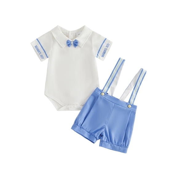 BemeyourBBs Newborn Baby Boys Mothers Day Mama's Boy Outfits Infant Baby Boy Baptism Gentleman Outfit Letter Embroidered Collared Short Sleeve Shirt Romper Bowtie and Suspender Shorts 2 Pcs Set