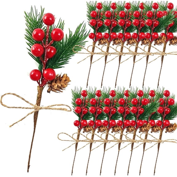 Vorkoi 20PCS 8inch Pine Cone Red Berry Picks Stems Crafts Branch Christmas Wreath, Holly Artificial Evergreen Branches Tiny Pine Cones Picks Décor Floral Picks for Christmas Flower Wreaths DIY