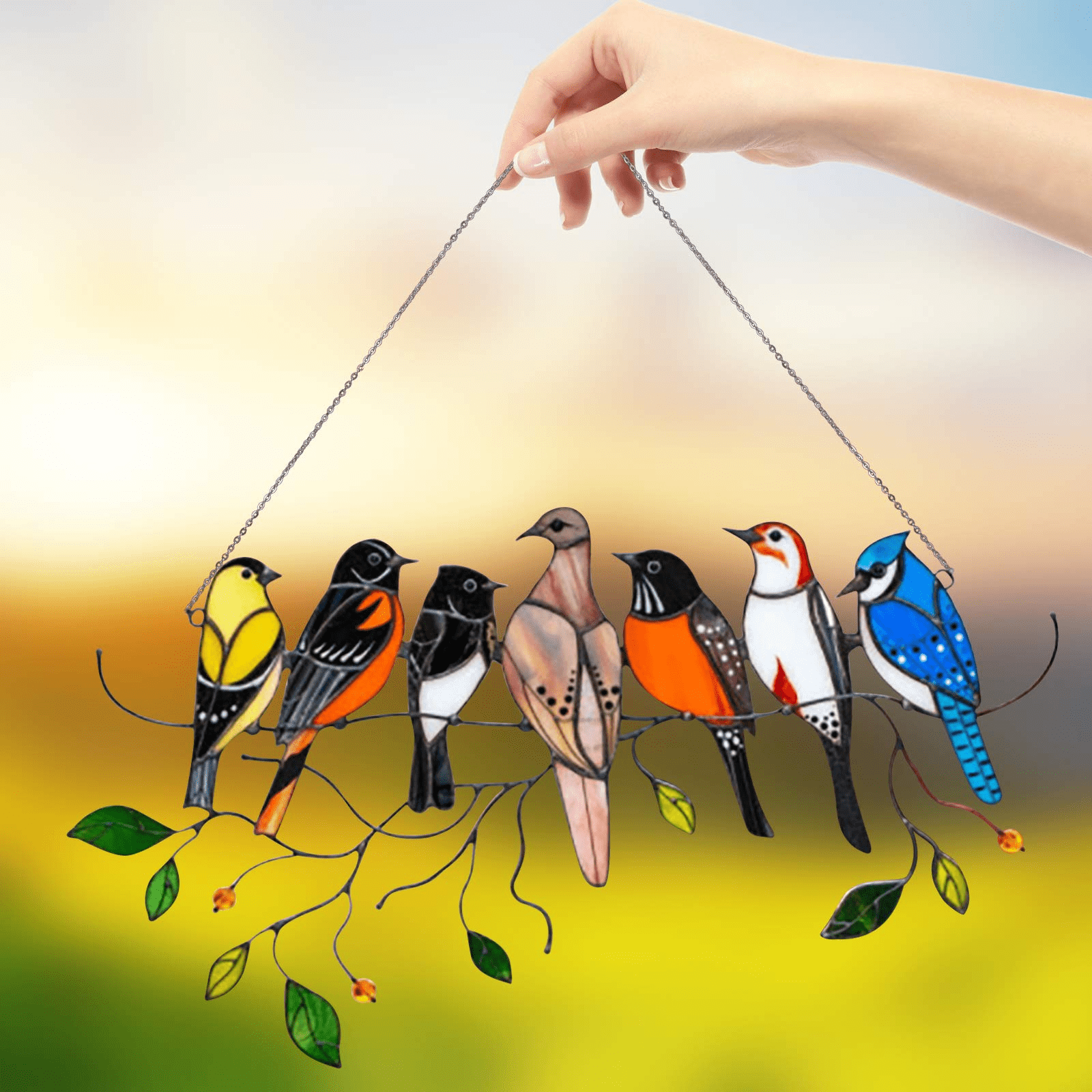 Stained Glass Birds-On-A-Wire Window Panel Hanging Suncatcher Ornament Gifts 