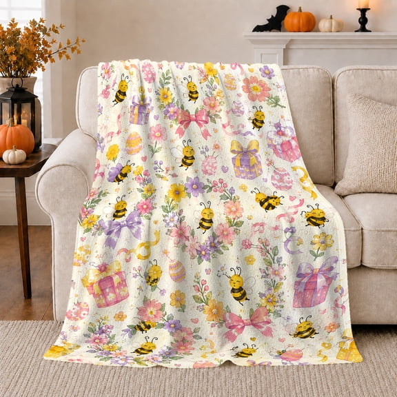 Buzzing Bee Flowers Easter Theme Whimsical Watercolor Art, Festive Botanical Garden Scene, Warm Flannel Blanket for Sunroom and Reading Nook, Garden Lovers Easter Gift, Festive Home Decor