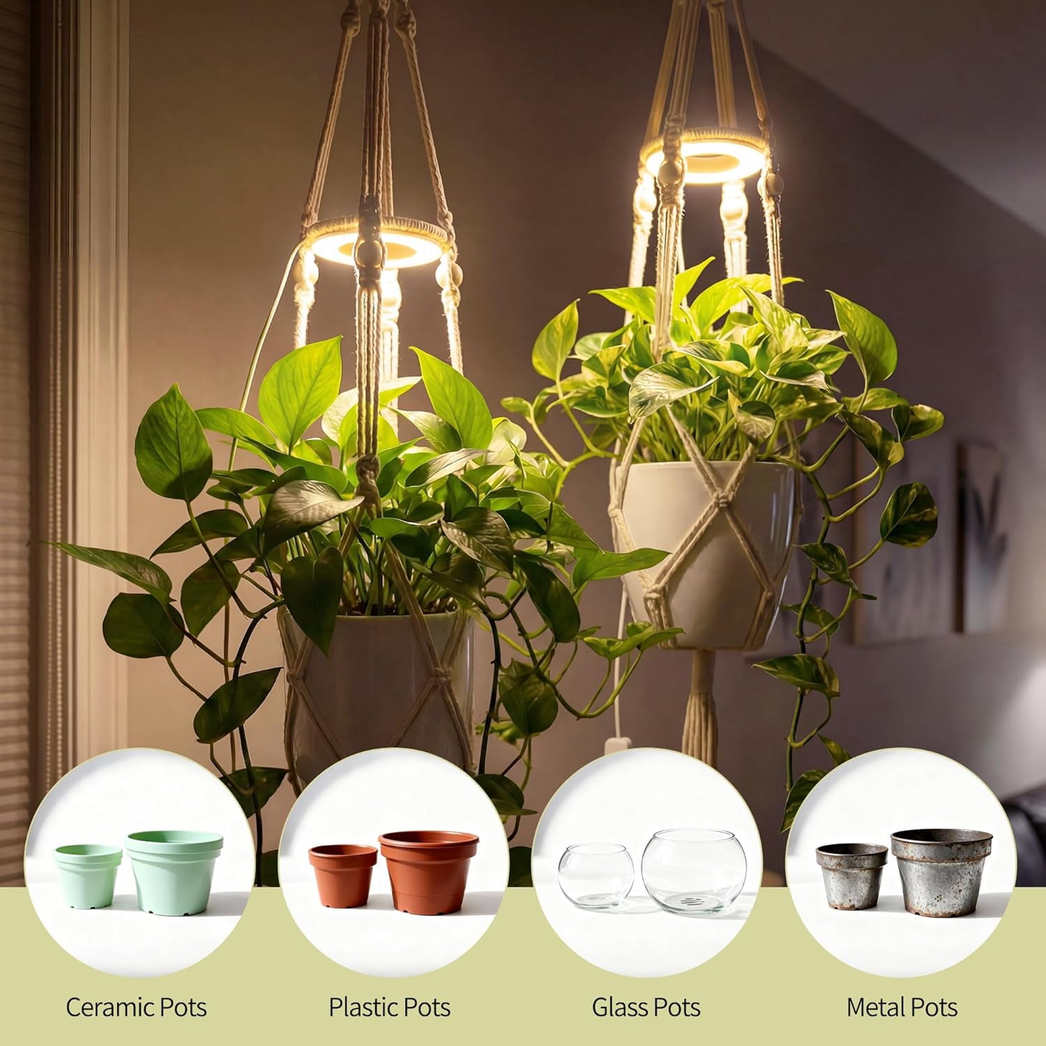 Hanging Grow Light Planter, Full Spectrum LED Plant Light for Indoor Plants, Macrame Hanging Plant Holder with Grow Lamp, Hanging Planter for Indoor Plants with Grow Light for Home Decor, Balcony, Li