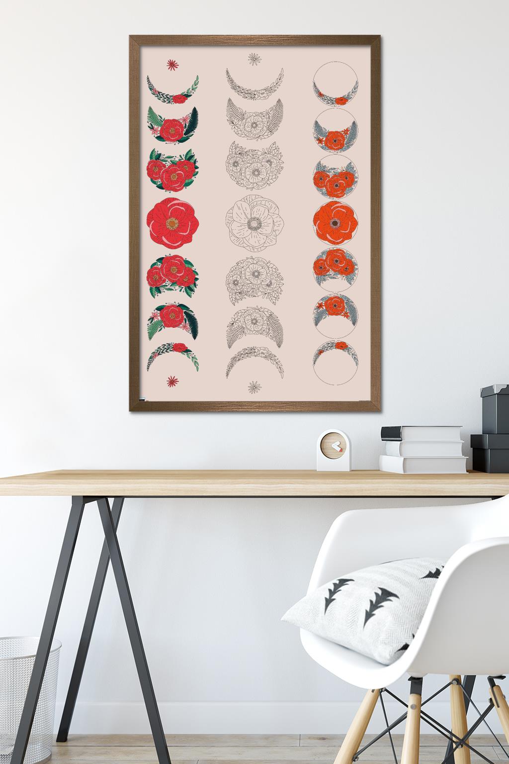 Floral Phases of the Moon Wall Poster, 22.375" x 34" Framed