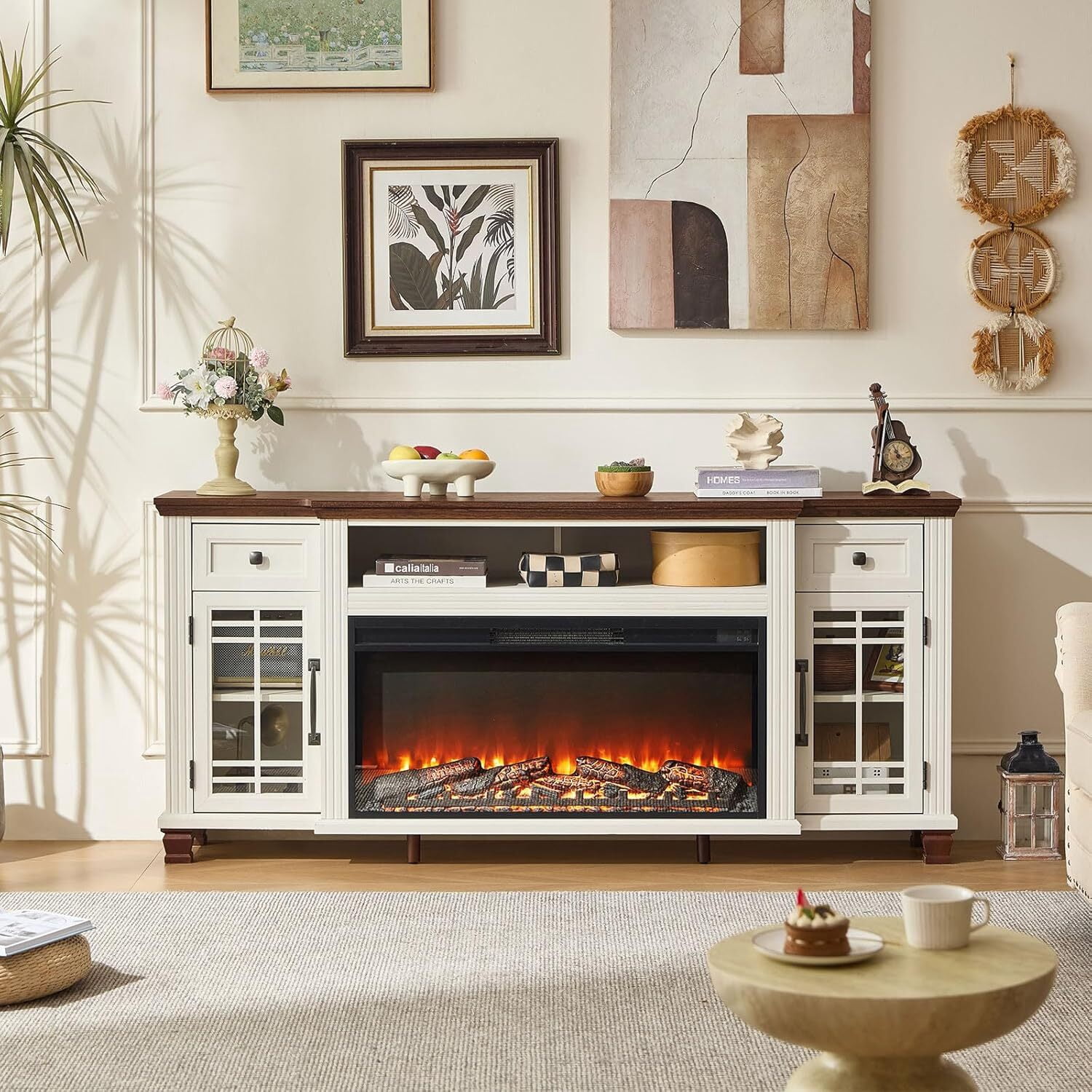 Electric Fireplace TV Stand 70" TV Stand with 36.5" Electric Fireplace, Living Room TV Cabinet with Storage for TVs Up to 80", Led Entertainment Center, Modern Media Console, White