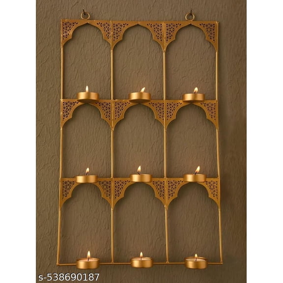 D. GLORE- Wall Hanging Golden Metal Tealight Holder For Diwali | Decor | Event | Pooja | Christmas | Home Decoration | 9 T-light Holders | Size: 18x12" Inchs