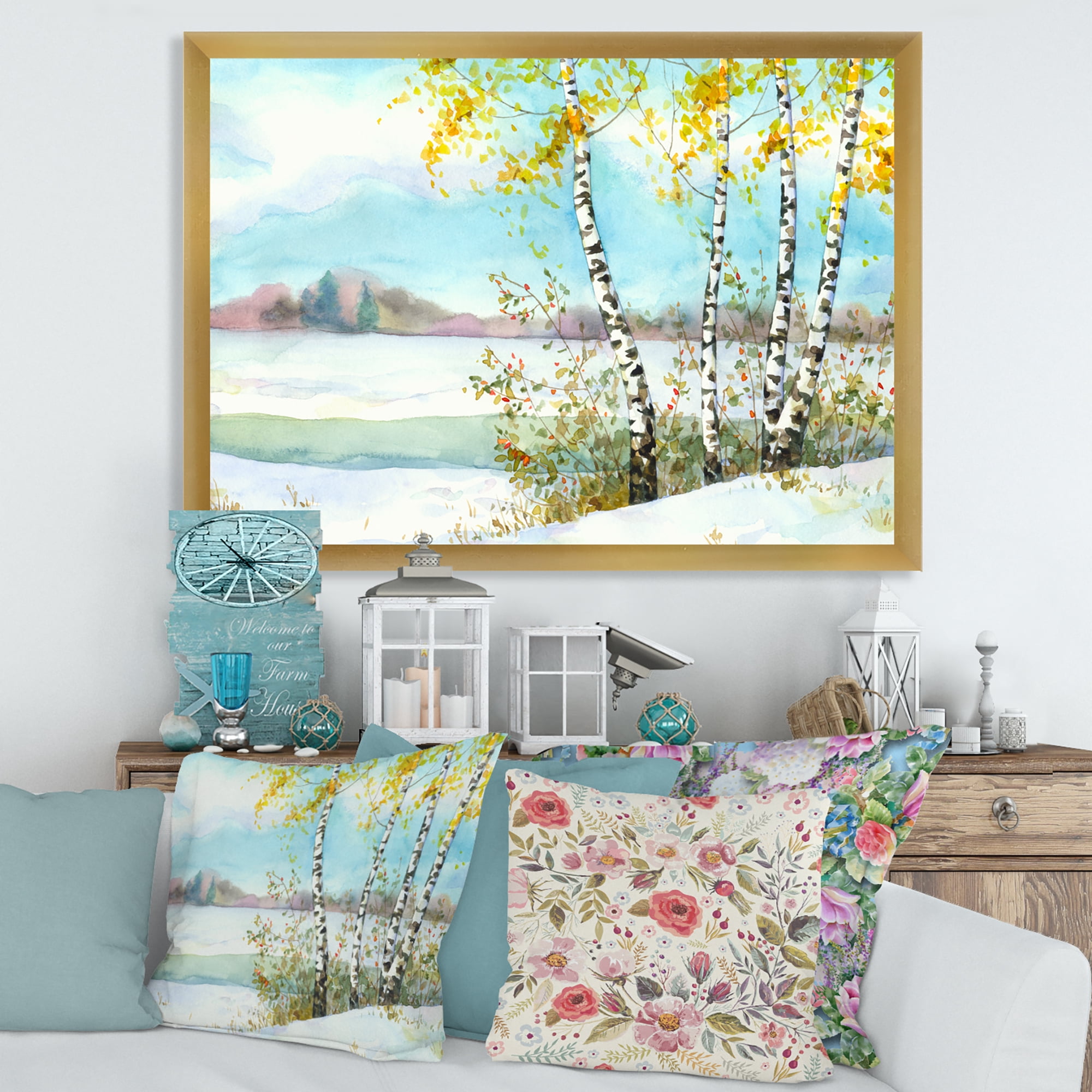 Designart 'Birches In Snowy Land' Lake House Framed Art Print