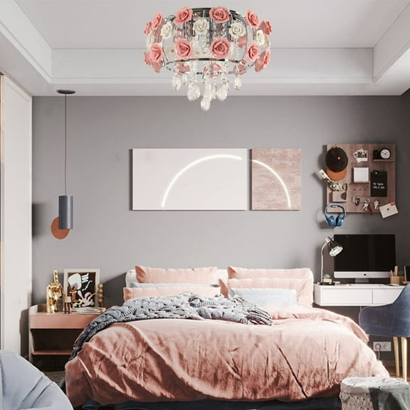 GMizon Romantic Ceramic Pink Rose Chandelier Crystal Ceiling Lamp LED Lighting Fixtures