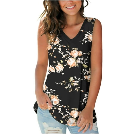 

SMihono Summer Tunic Tank Tops for Women Young Adult V Neck Shirts Comfy Loose Fit Flowy Blouse Stretch Classic Body Suits Trendy 2023 Seamless Sleeveless Tanks Vintage Floral Camis Black 12