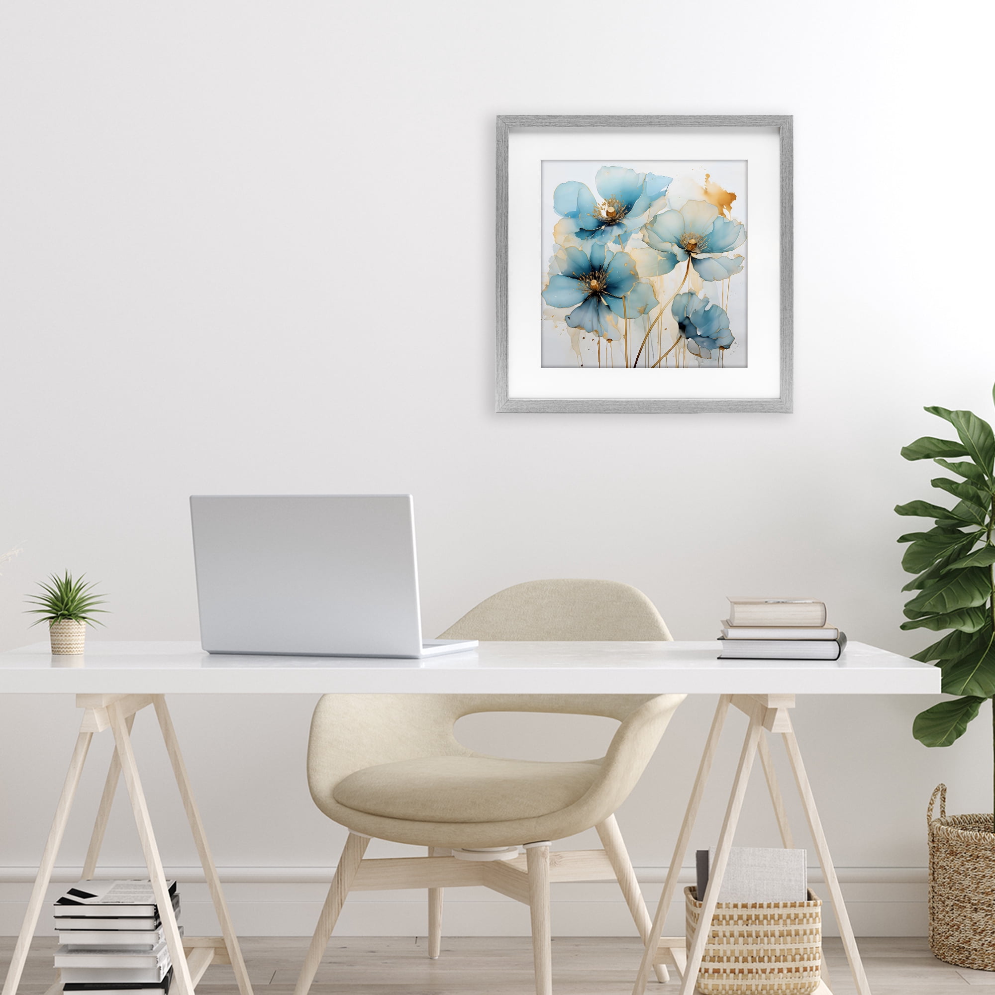 Stupell Industries Sapphire and Gold Florals Gray Framed Print Under Glass, design by Creative Studio
