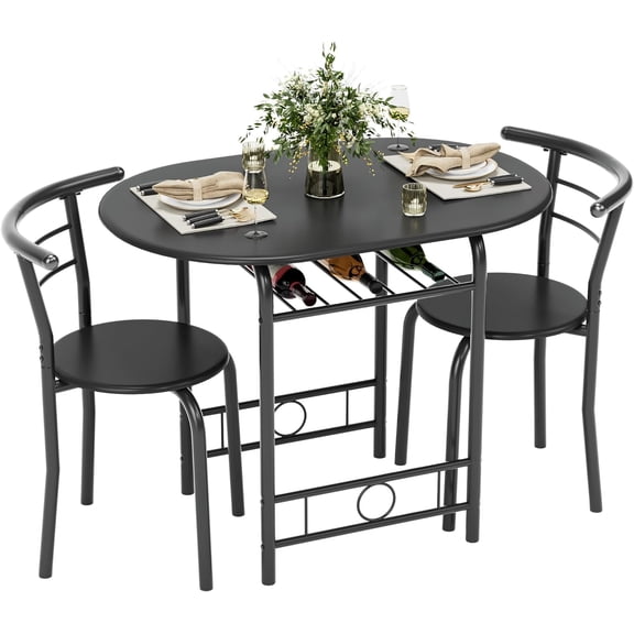 Springg Dining Table for 2, 3 Piece Round Table & Chair Set, Small Kitchen Table for Breakfast Nook, Wood Grain Tabletop and Built-in Storage Rack, Space Saving for Kitchen, Dining Room (Black)