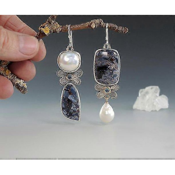 Pendientes de gota de agua con perlas barrocas asimétricas estilo bohemio vintage, joyería con patrón azul oscuro, lindos pendientes colgantes de metal con flores ---- Estilo 13 --- Estilo del product