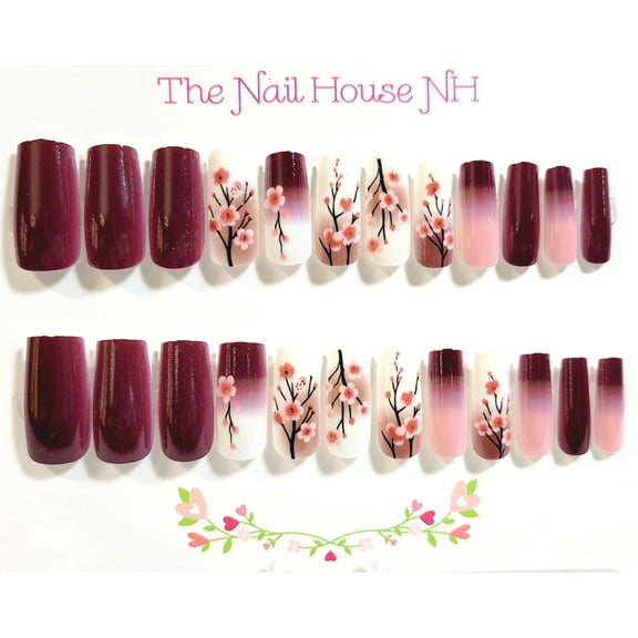 Cranberry Cherry Blossoms Ombre Glossy Medium Square Press On Nails - 24 Pieces - Artificial Nail Kit