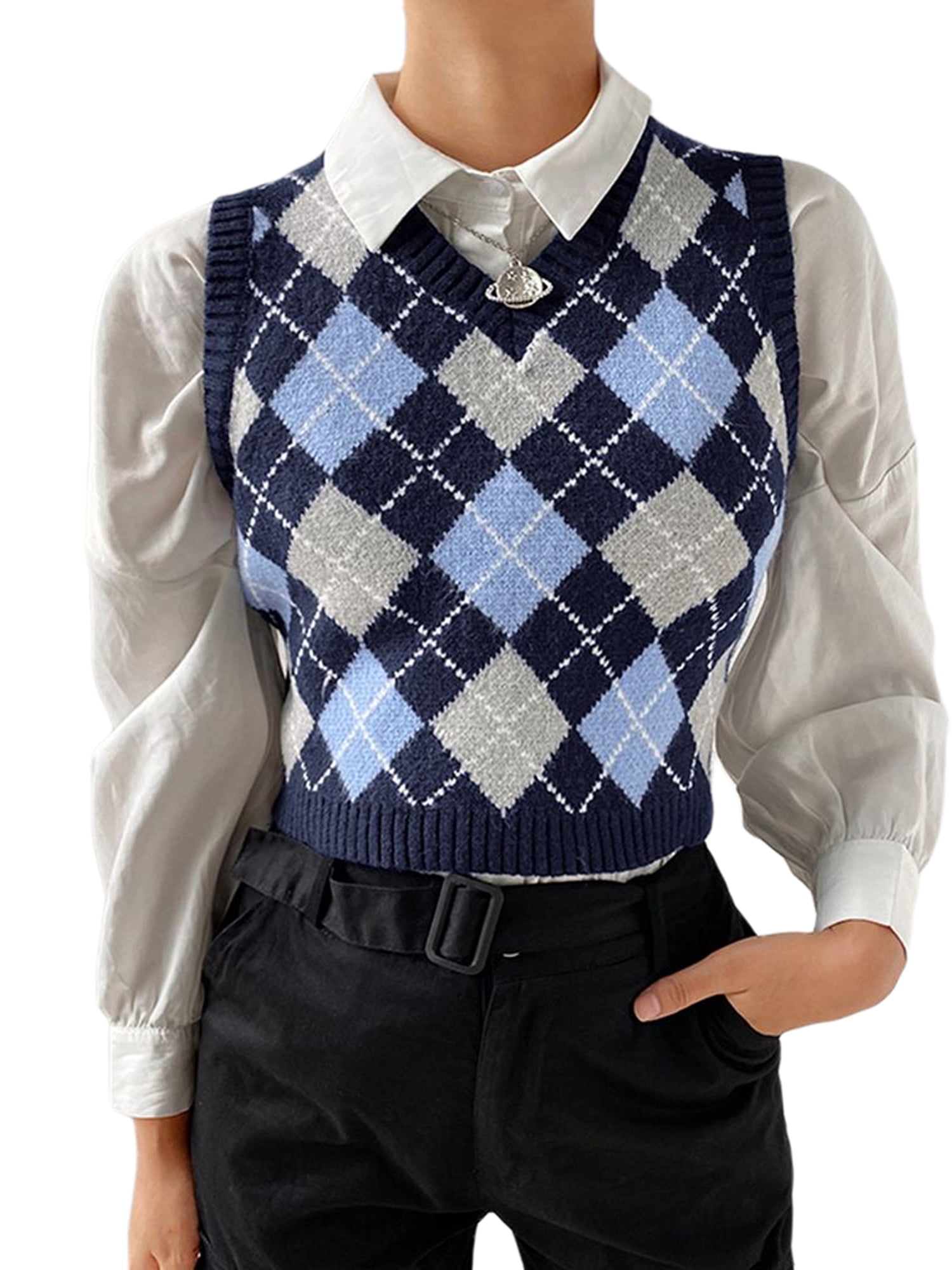 Womens Knit Sweater Vest Argyle Sweater Vest Retro Plaid Vest Top for Teen Girls Trendy
