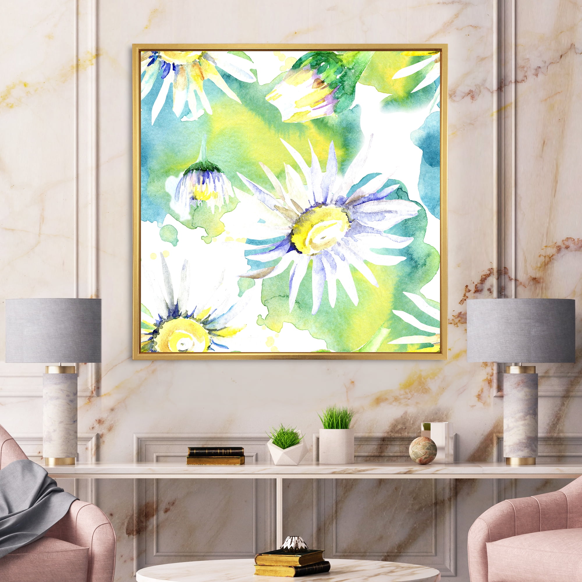 Designart 'Aquarelle Impression of Daisy Flowers II' Traditional Framed Canvas Wall Art Print