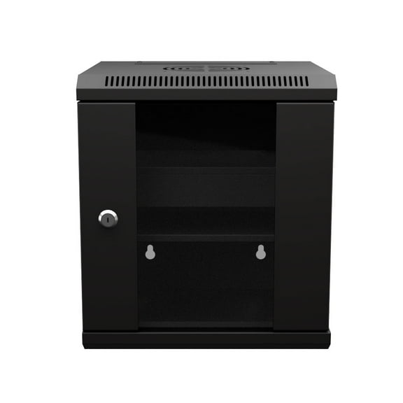 NavePoint 6U 10 Inch Network Server Cabinet, 11.8 inch Deep, Glass Door, Black, Wall Mountable, 2 x Shelves, 1 x Blank Panel