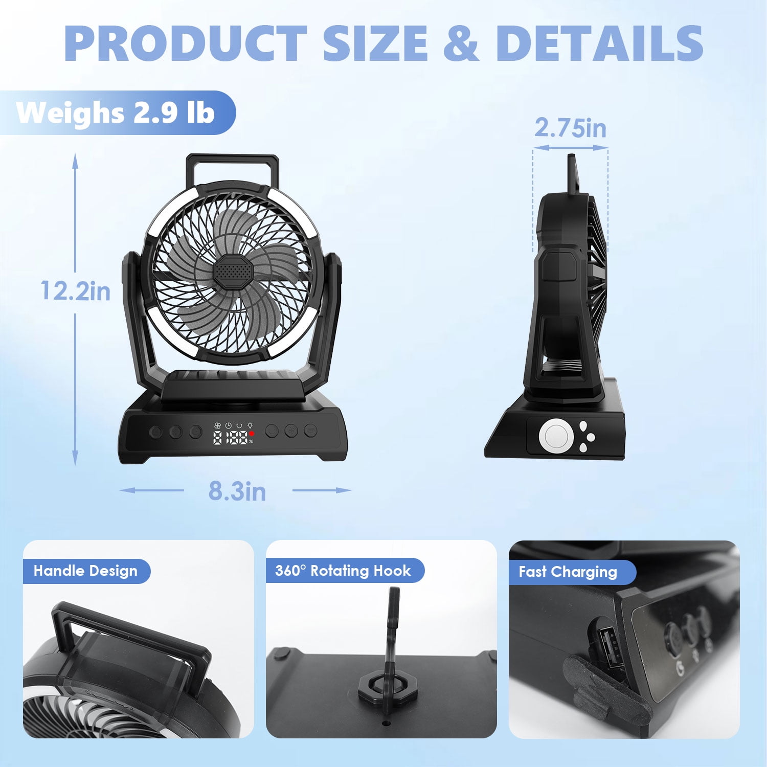 AYAMAYA Rechargeable Camping Fan, 20000mAh Cordless Battery Powered Desk Fan with LED Lantern & Hook 9 Timers USB for Tent Car Trip