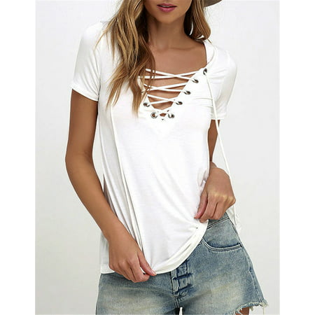 Fashion Womens Loose Pullover T Shirt Short Sleeve Cotton Tops Shirt Blouse White