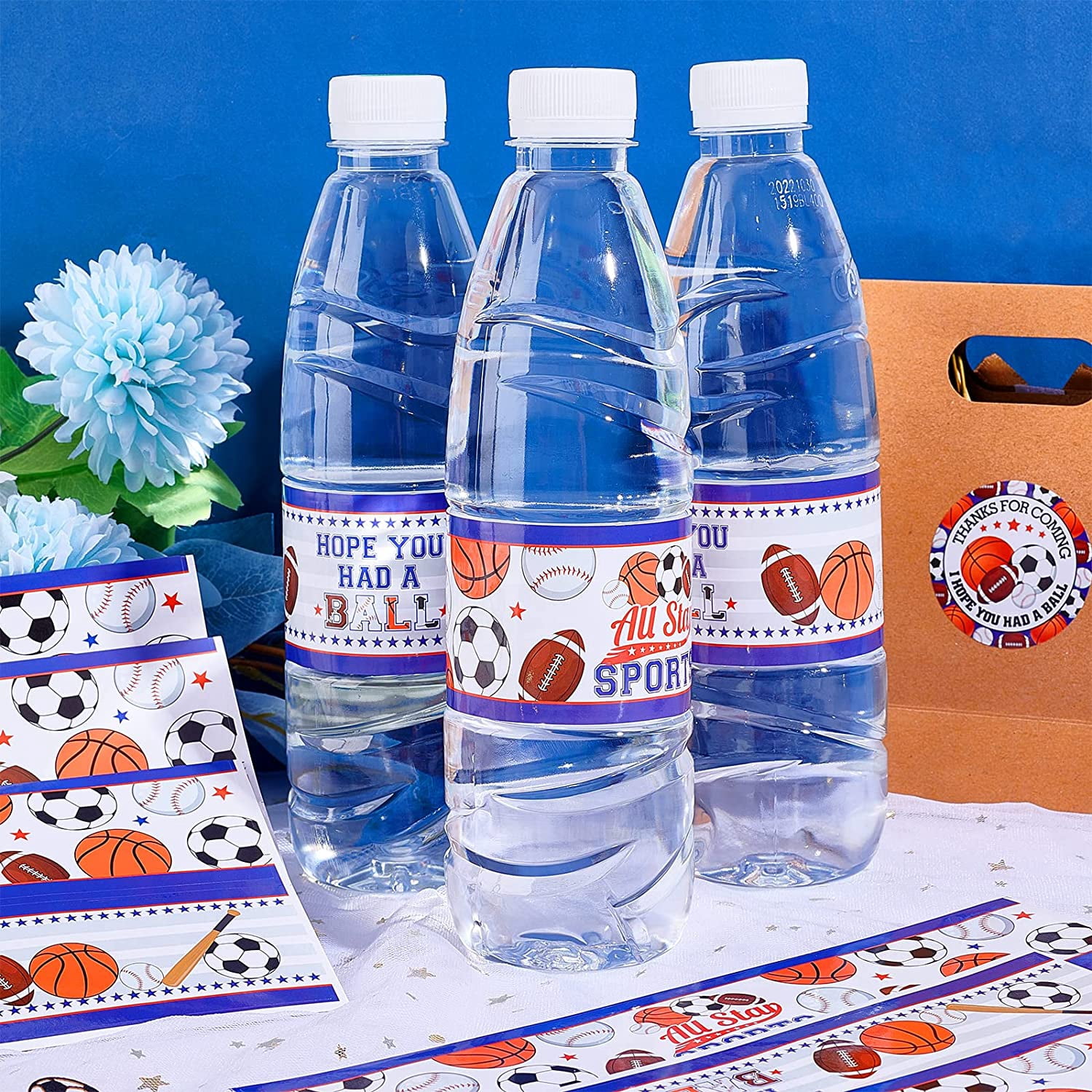 28 Sports Balls Water Bottle Labels, Football, Baseball, Basketball and Soccer Sports Water Bottle Wrappers for Gameday Tailgate Party Sports Themed Party Decorations