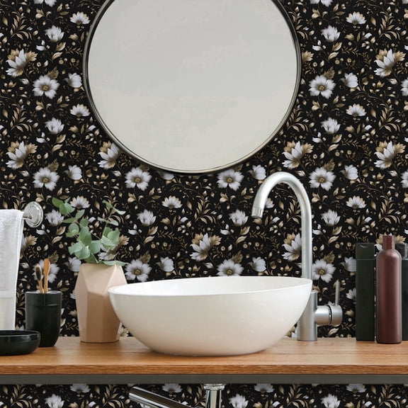 Abyssaly Black Gold Floral Wallpaper, 17.3" x 236" Peel and Stick Wallpaper Self-Adhesive Removable Contact Paper for Home Decoration